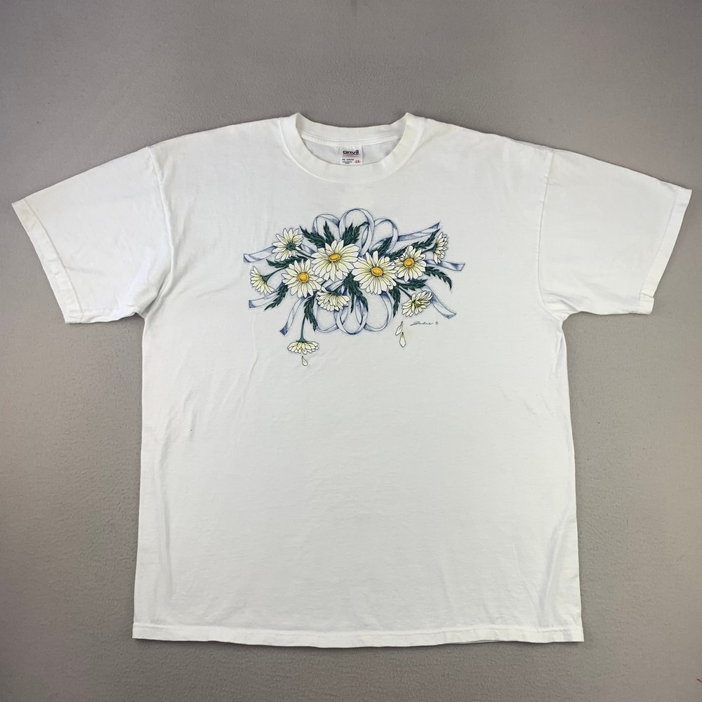 Vintage‎ Daisy Floral Graphic Tee Womens 2X White 90s Cottage Garden Farm